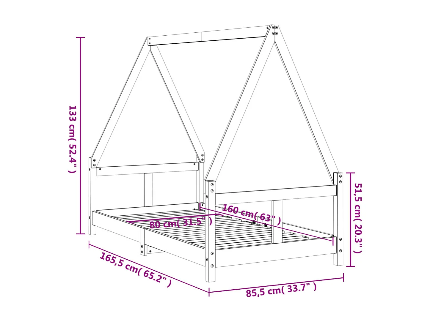 Struttura letto per bambini bianca 80x160 cm in legno di pino massiccio