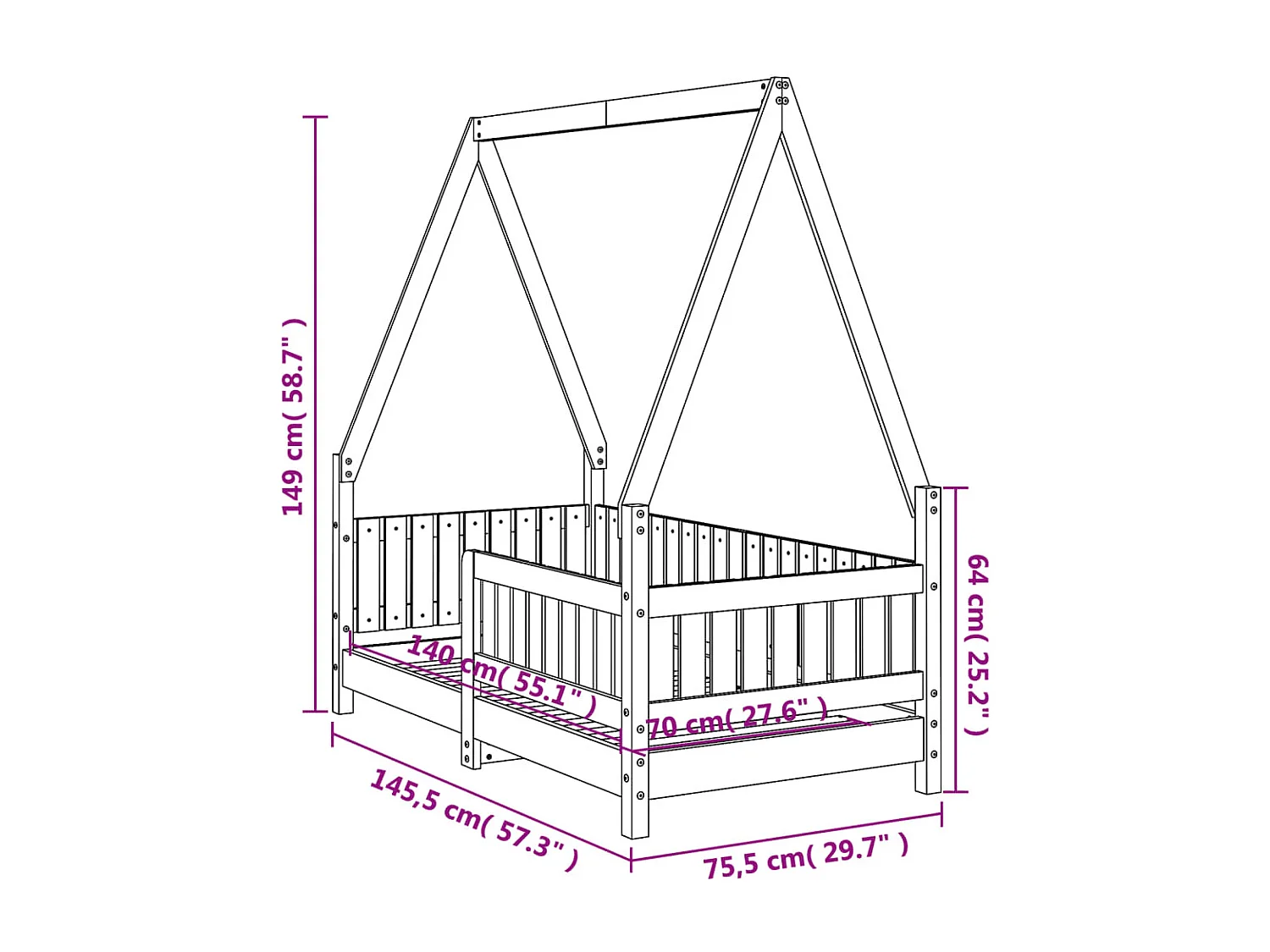 Estrutura de cama infantil 70x140 cm em madeira maciça de pinho