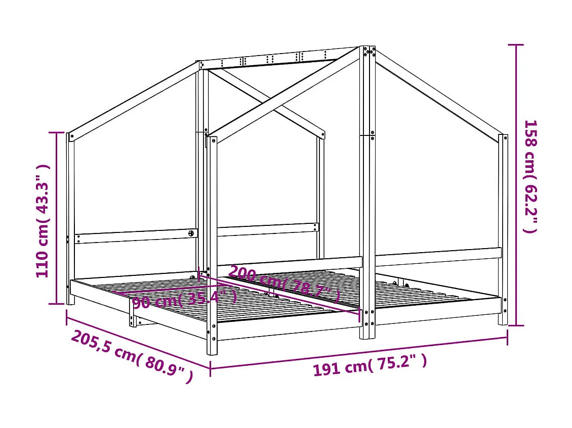 Struttura letto per bambini bianca 2x(90x200) cm in legno di pino massiccio