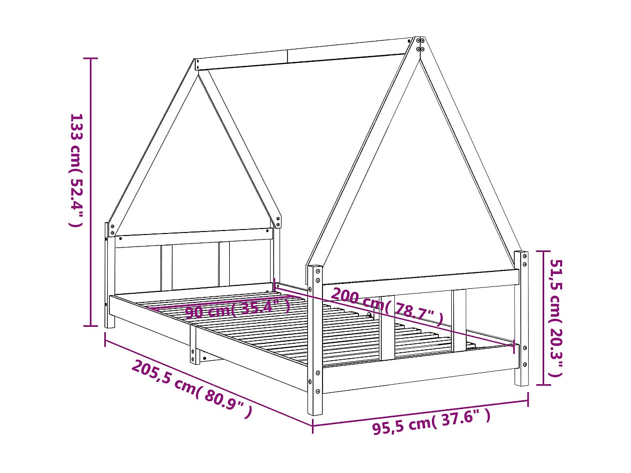 Struttura letto per bambini nera 90x200 cm in legno di pino massiccio
