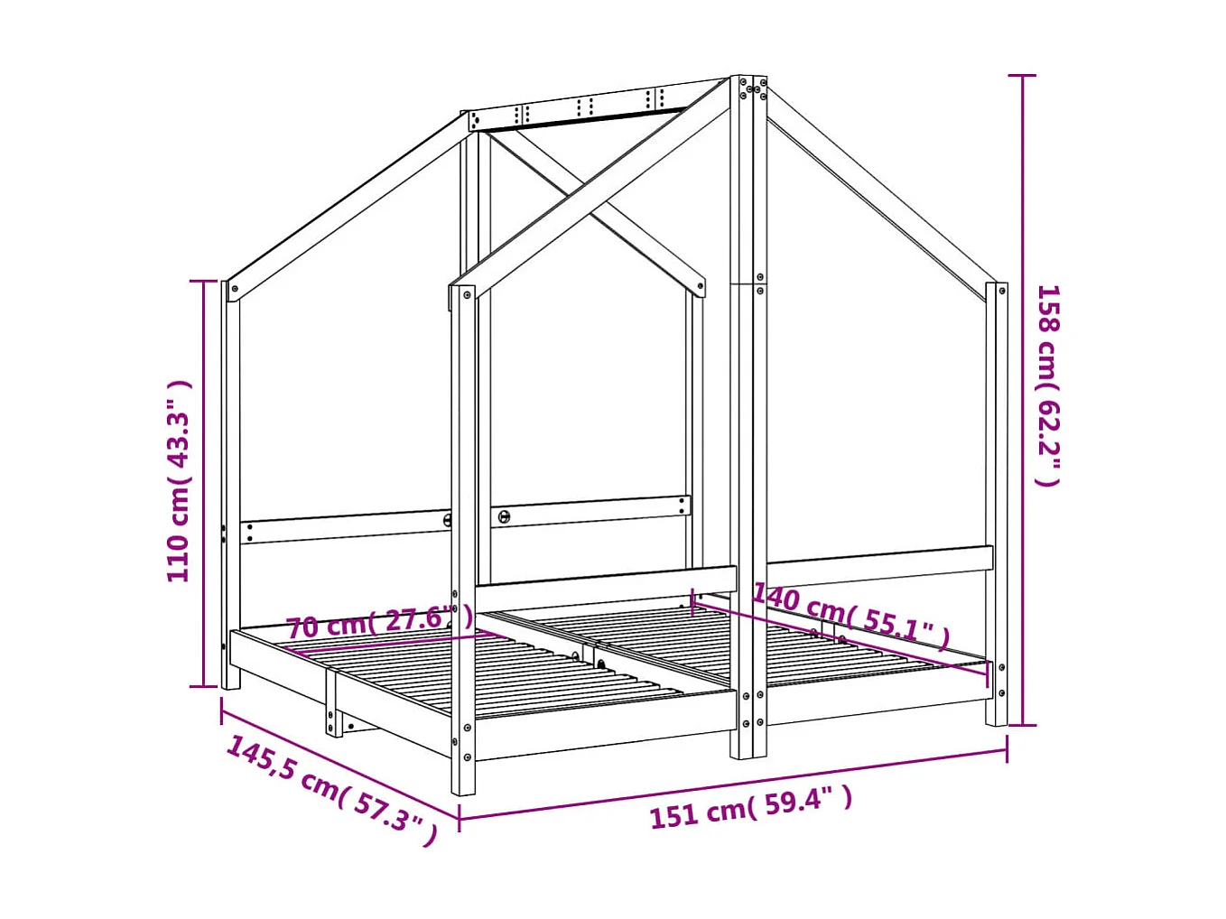 Kinderbettgestell 2x(70x140) cm aus massivem Kiefernholz