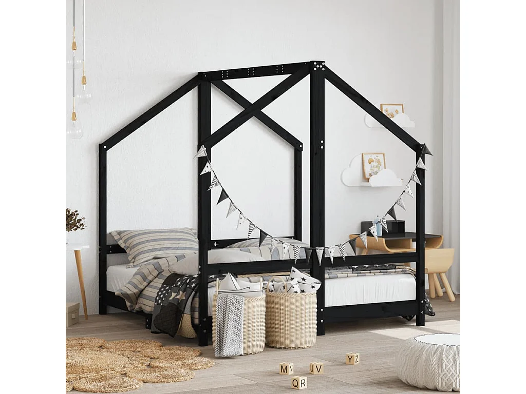 Schwarzer Kinderbettrahmen 2x(70x140) cm aus massivem Kiefernholz