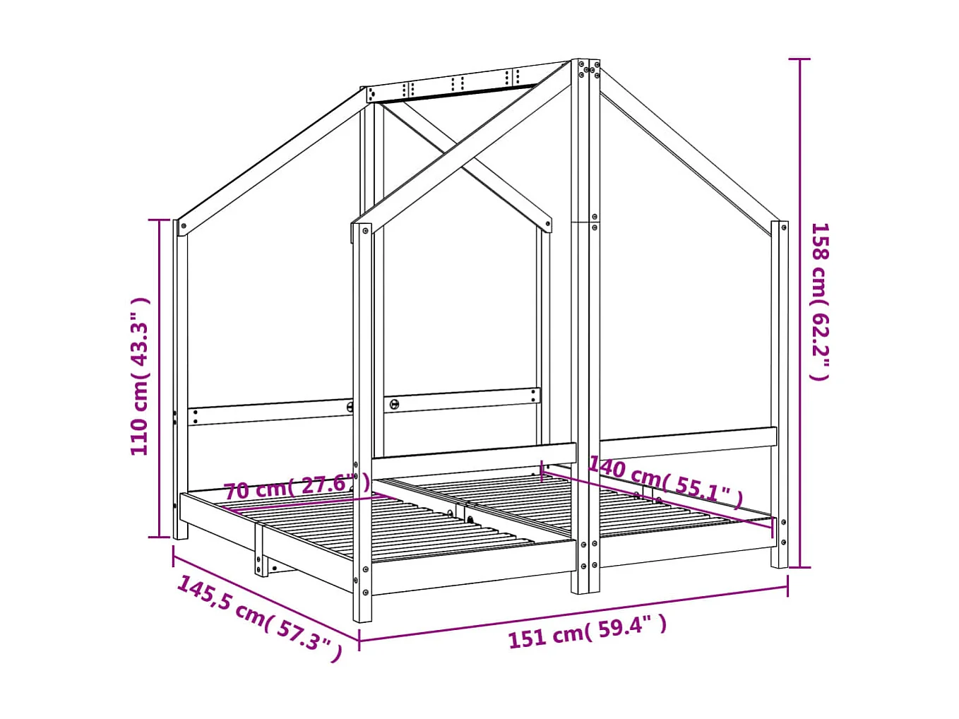 Schwarzer Kinderbettrahmen 2x(70x140) cm aus massivem Kiefernholz