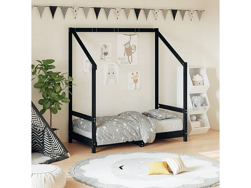 Estrutura de cama infantil preta 70x140 cm em madeira maciça de pinho