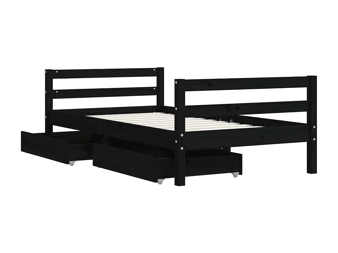 Kinderbettgestell mit schwarzen Schubladen 80x160 cm aus massivem Kiefernholz
