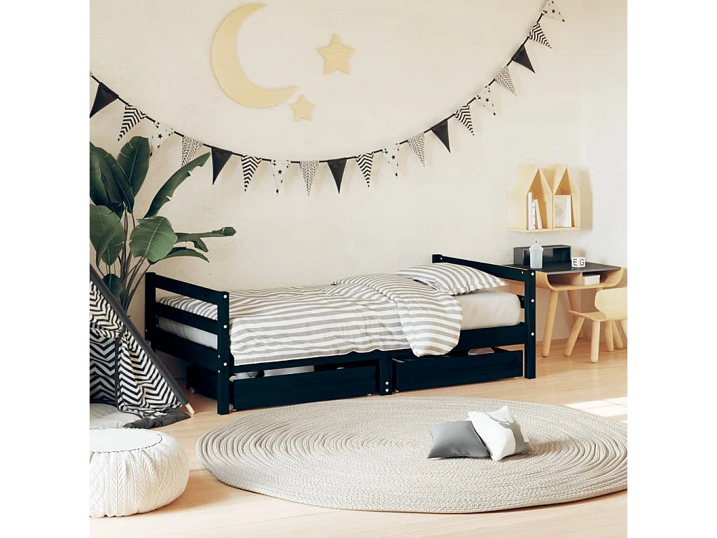 Estrutura de cama infantil com gavetas pretas 80x160 cm madeira maciça de pinho