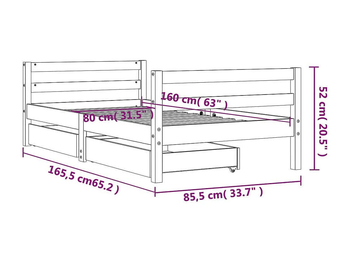 Estrutura de cama infantil com gavetas pretas 80x160 cm madeira maciça de pinho