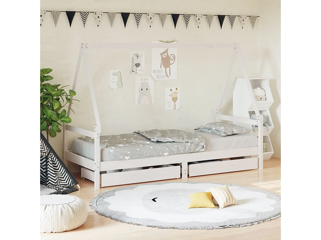 Lettino Per Bambini Con Cassetti 90x200 Cm – Legno Pino Massello E MDF, Doghe Incluse, Design Con Contenitore