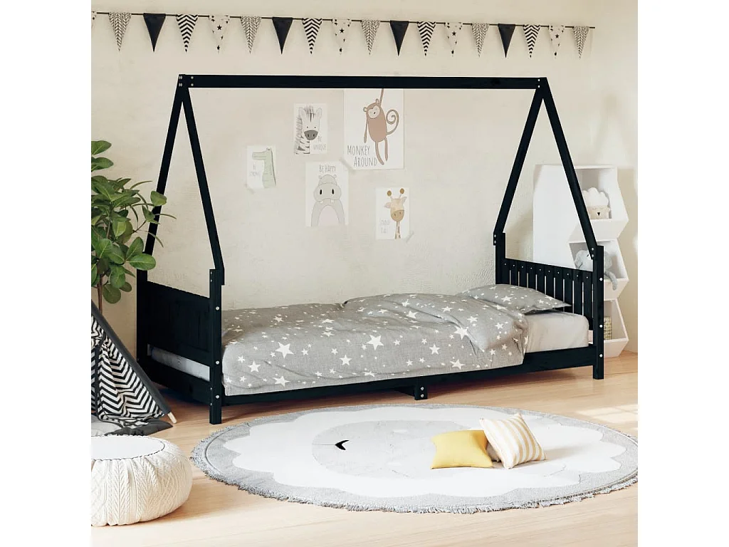 Estrutura de cama infantil preta 80x200 cm em madeira maciça de pinho