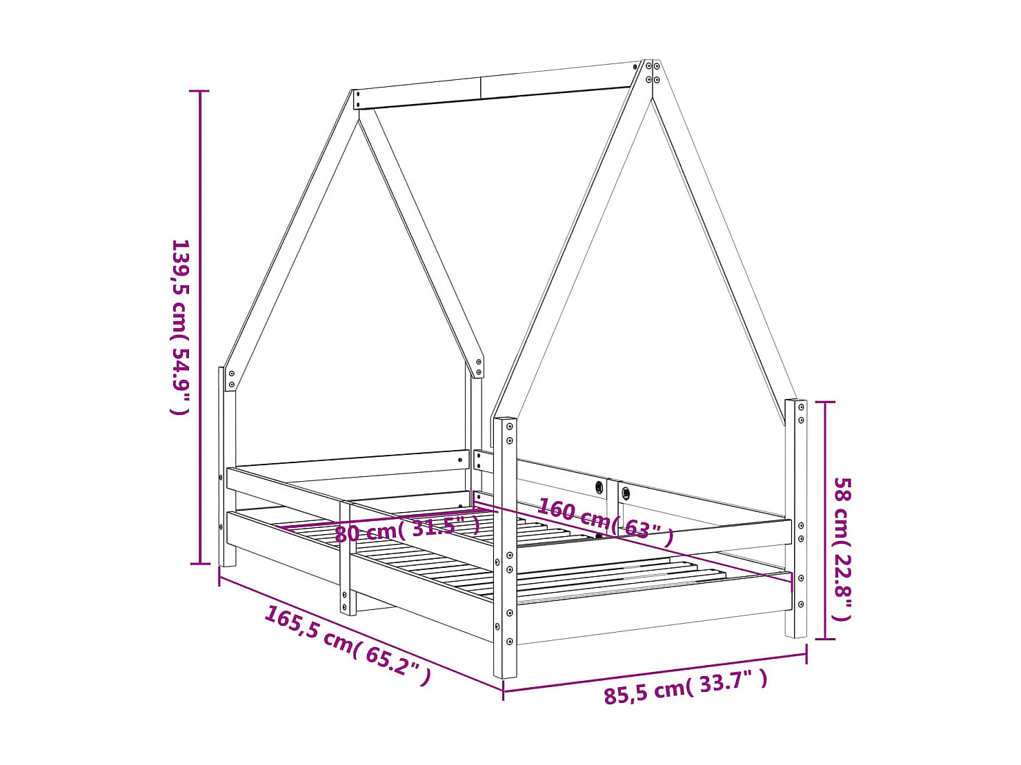 Struttura letto per bambini 80x160 cm in legno di pino massiccio