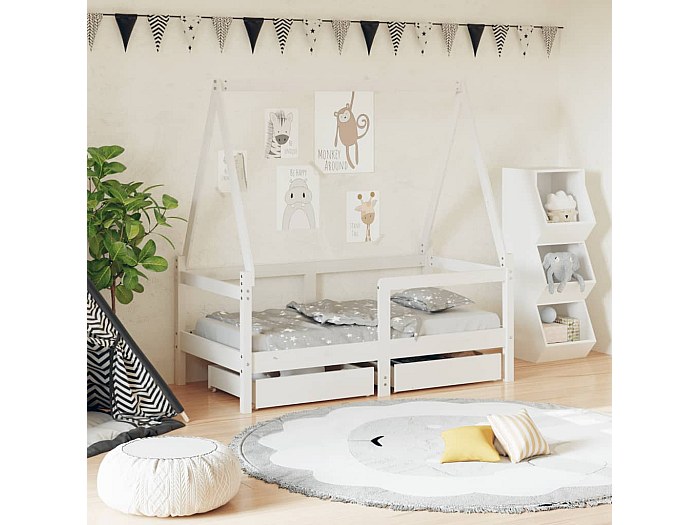 Cama Infantil Con Estructura En L, Cajones Y Estantes - Madera Maciza, Color Blanco, Medidas 90x200 Cm Y 140x70 Cm