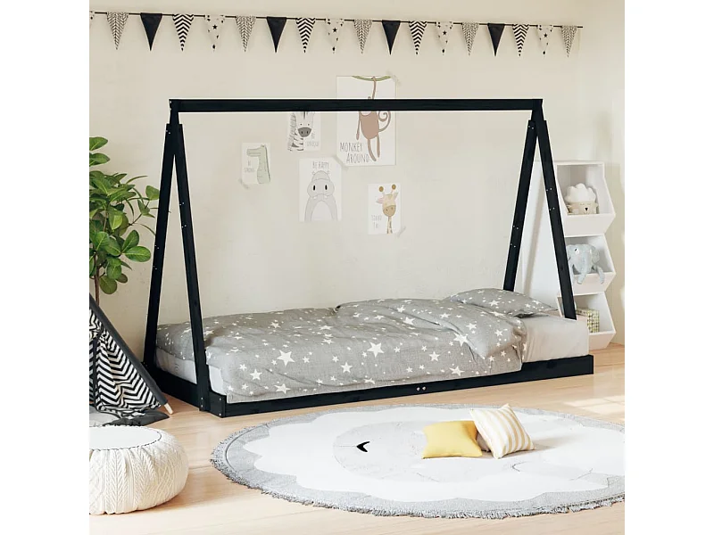 Estructura de cama infantil negra 90x190 cm madera maciza de pino