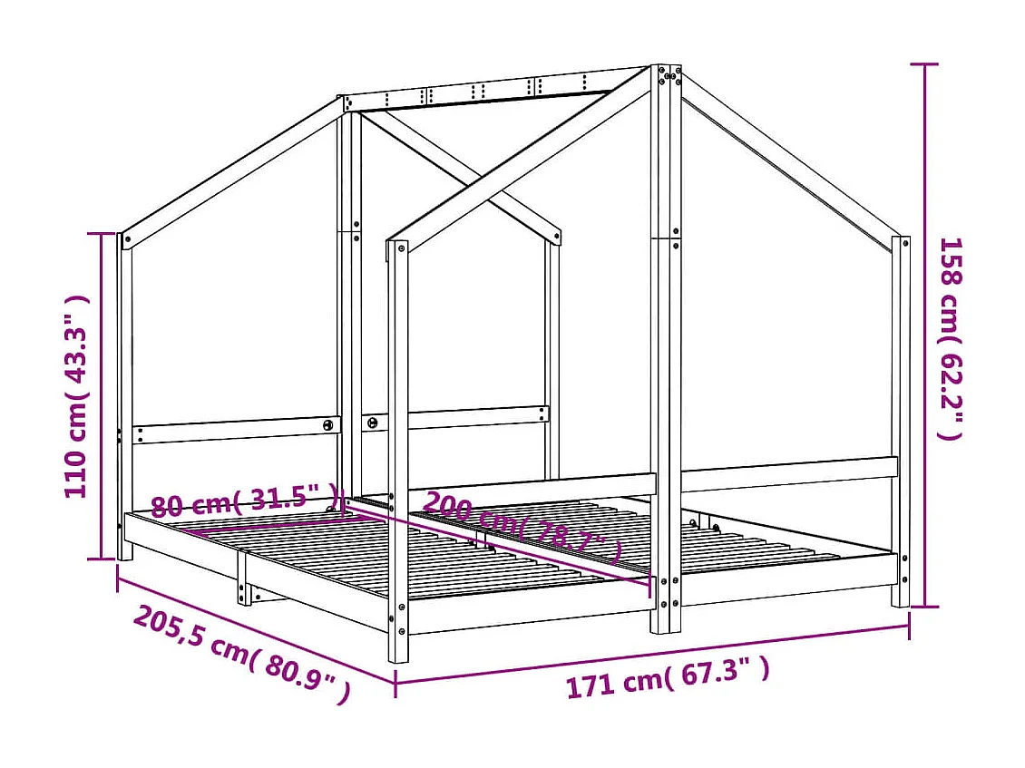 Estructura de cama infantil blanca de madera maciza de pino 2x(80x200) cm