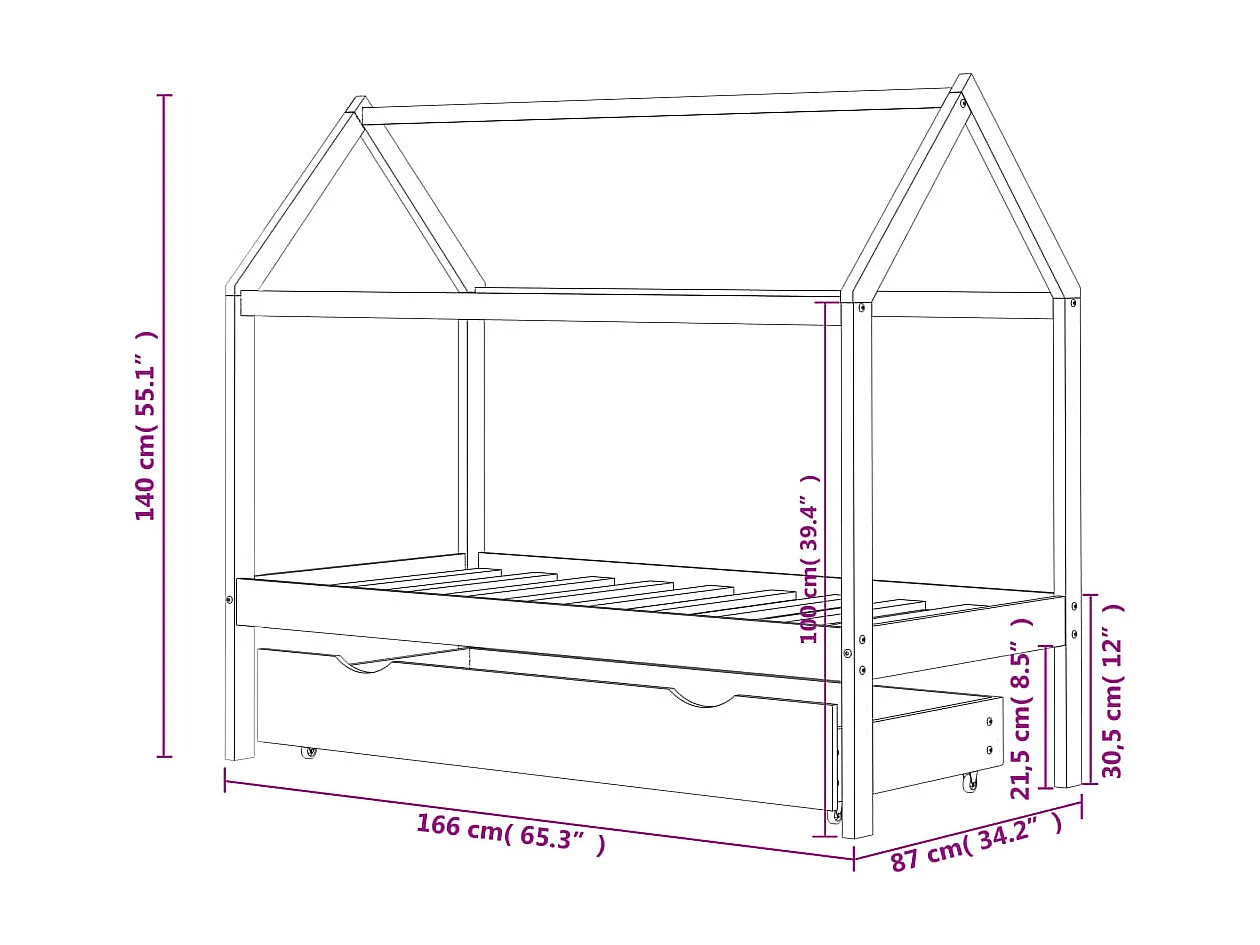 Estructura de cama infantil con cajón madera maciza de pino blanco 80x160 cm