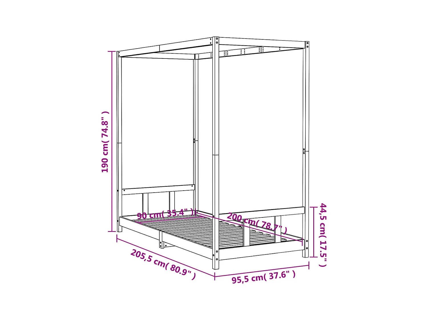 Cadre de lit pour enfants noir 90x200 cm bois de pin massif
