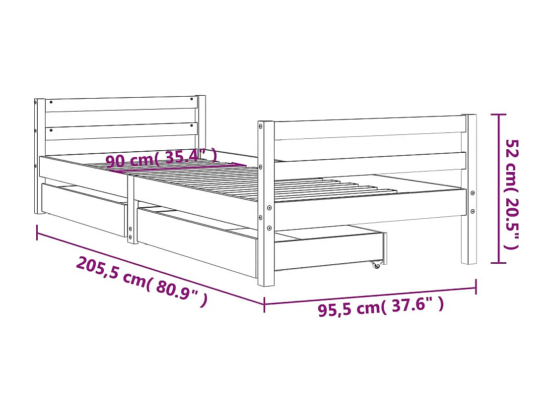 Kinderbedframe met zwarte lades 90x200 cm massief grenenhout