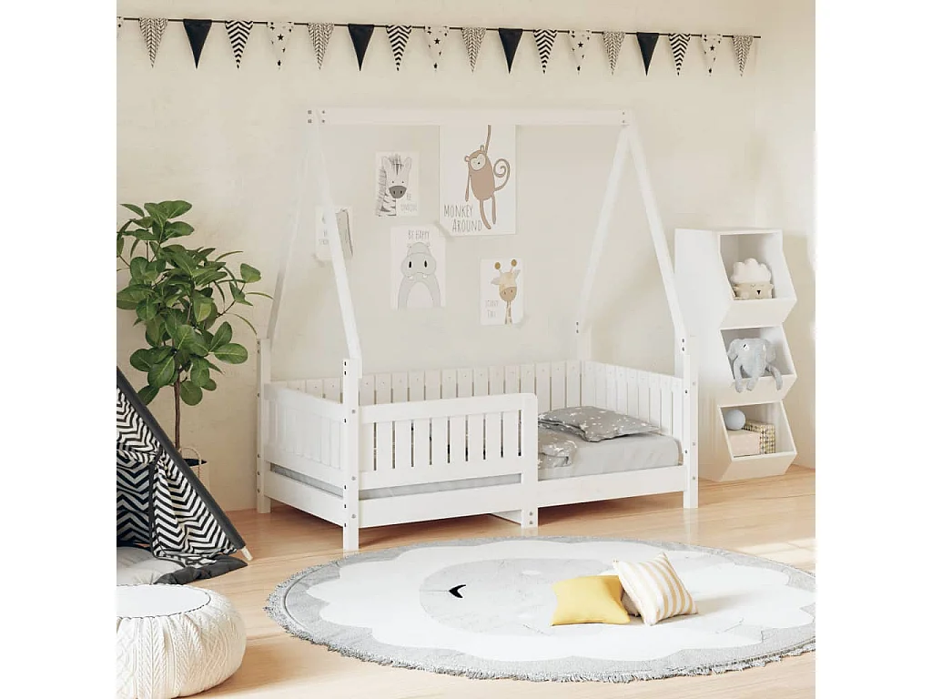 Estrutura de cama infantil branca 70x140 cm em madeira maciça de pinho