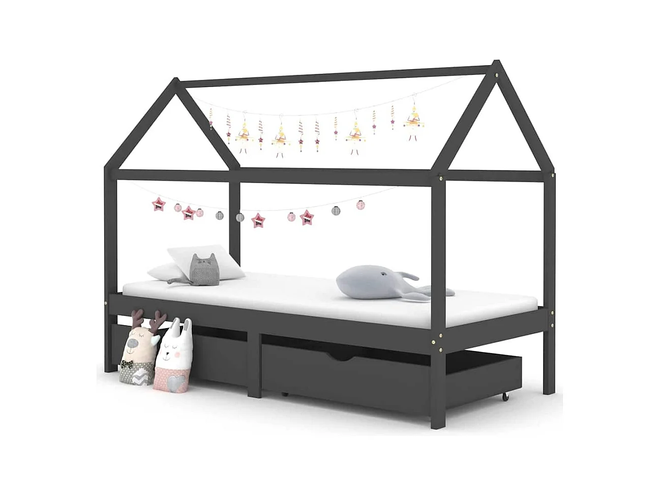 Cadre de lit d'enfant avec tiroirs Gris foncé Pin 90x200 cm