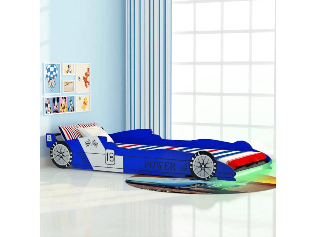 Cama infantil de coche de carreras con LED 90 x 200 cm Azul