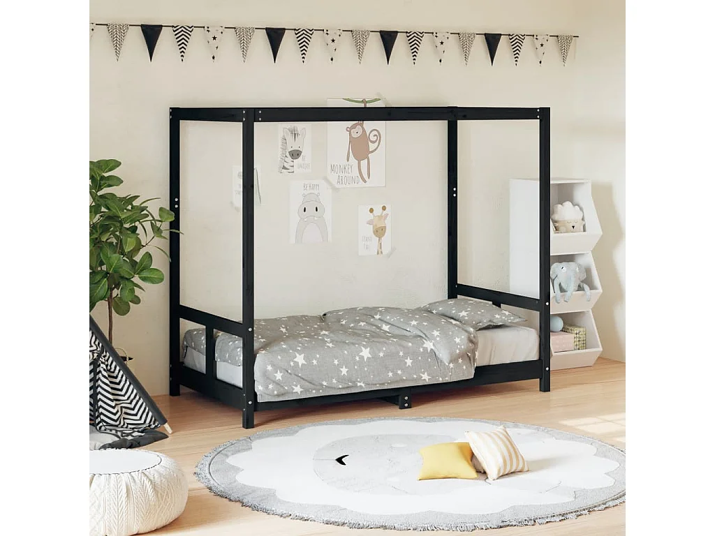 Zwart kinderbedframe 80x160 cm massief grenenhout