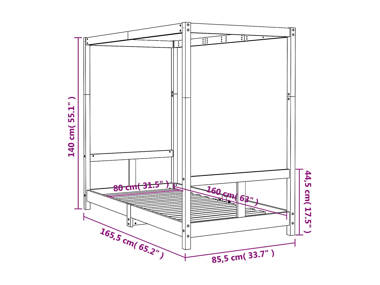 Zwart kinderbedframe 80x160 cm massief grenenhout