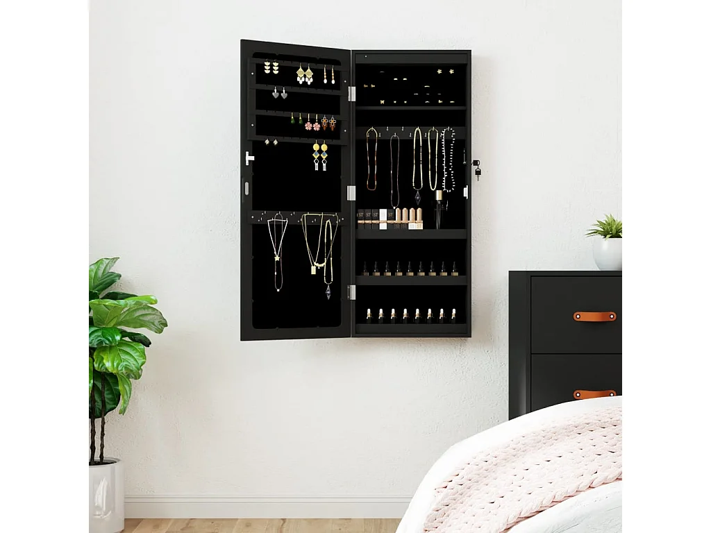 Armoire à bijoux avec miroir et éclairage LED mural noir