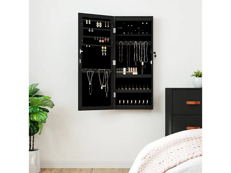 Armoire à bijoux avec miroir et éclairage LED mural noir