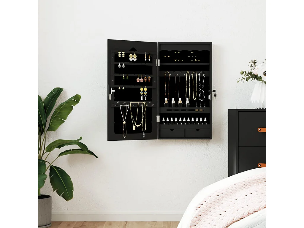 Armadio Portagioie con Specchio a Muro Nero 37,5x10x67 cm