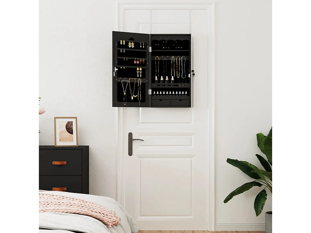 Armadio Portagioie con Specchio a Muro Nero 37,5x10x67 cm