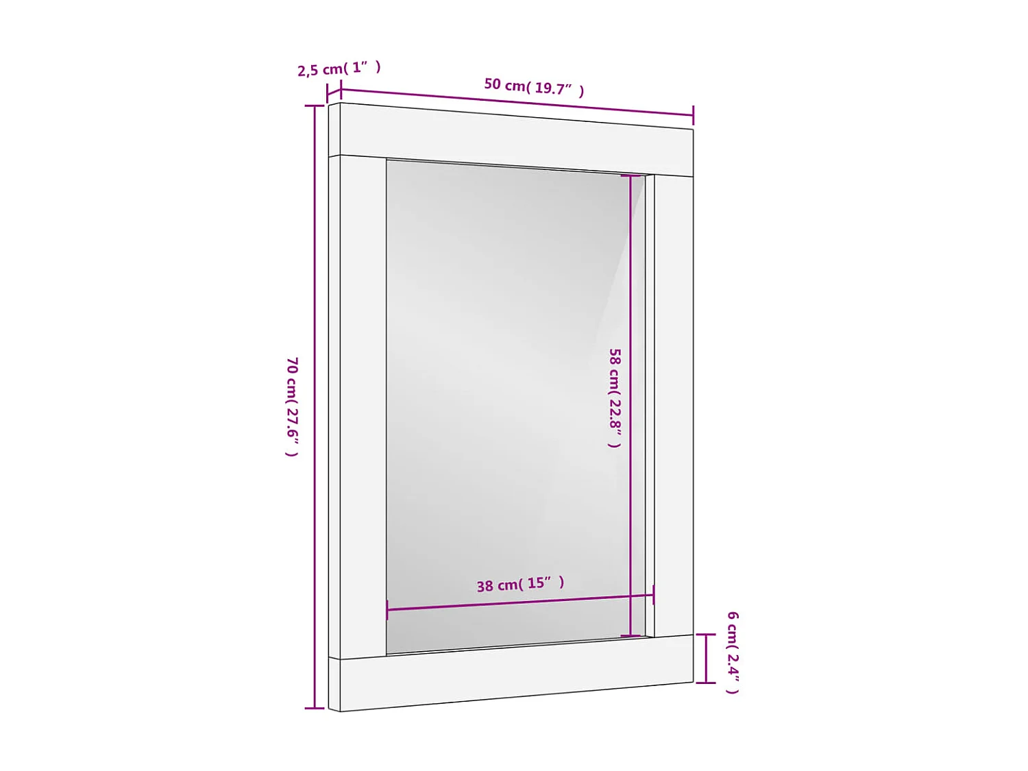 Espelho de casa de banho 50x70x2,5 cm mangueira maciça e vidro