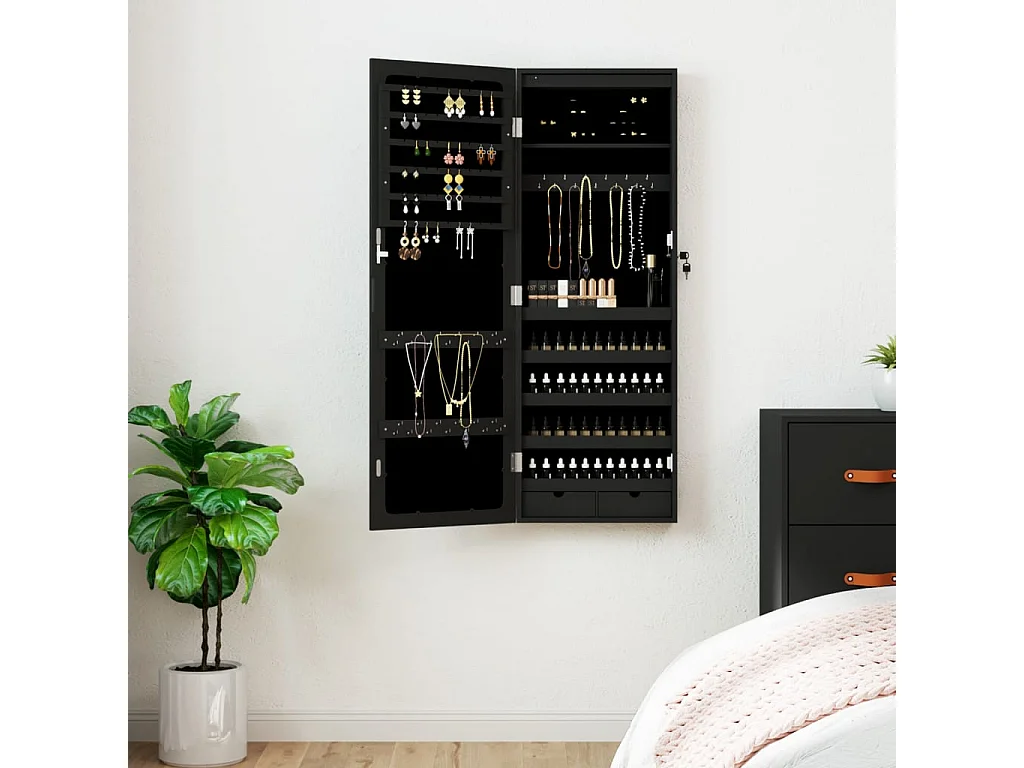 Armoire à bijoux avec miroir et éclairage LED mural noir