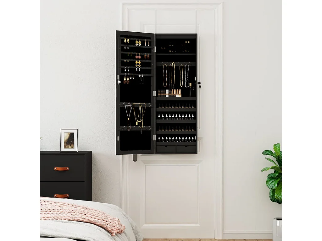 Armoire à bijoux avec miroir et éclairage LED mural noir