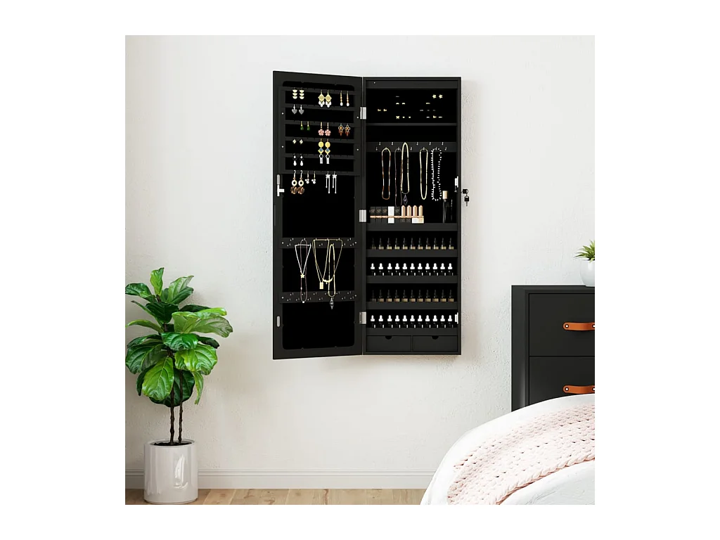 Armoire à bijoux avec miroir et éclairage LED mural noir