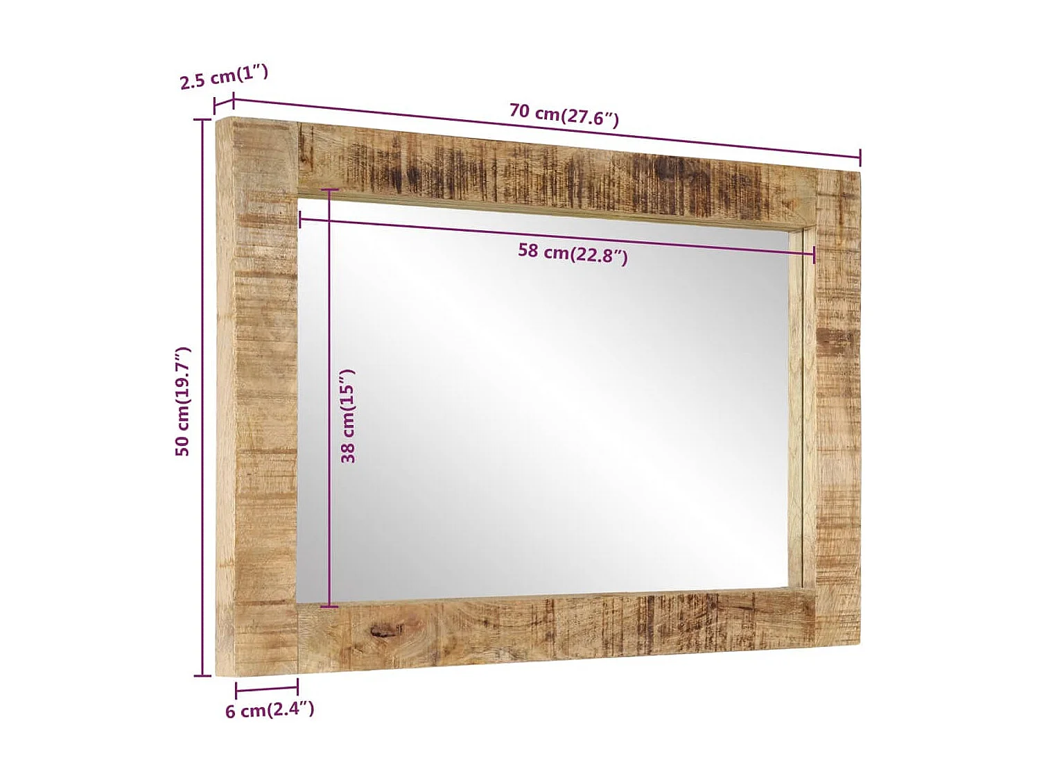 Espejo de vidrio y madera maciza de mango 70x50 cm