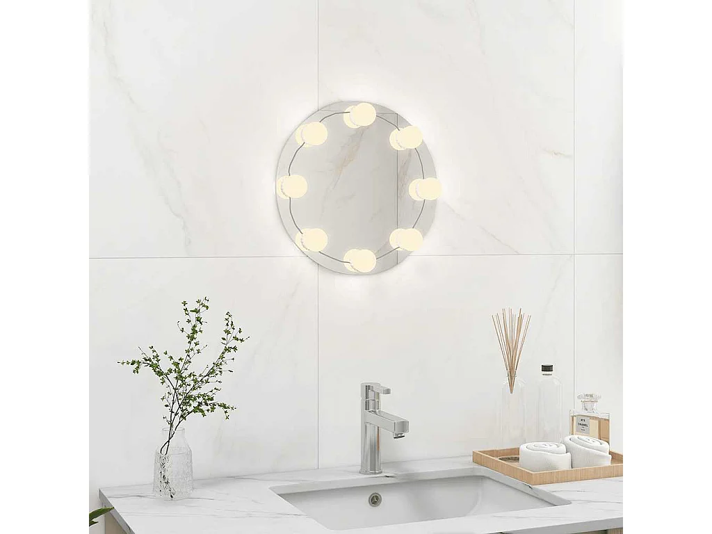 Espejo de pared sin marco con luces LED redondo de vidrio