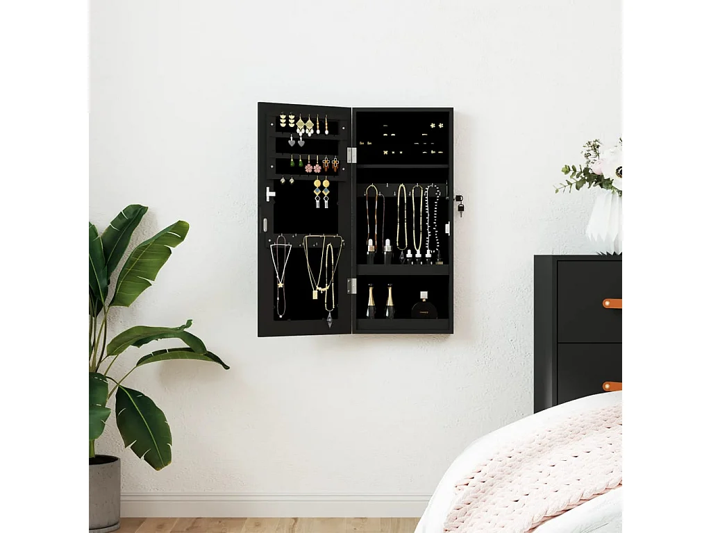 Armadio Portagioie con Specchio a Muro Nero 30x8,5x67 cm