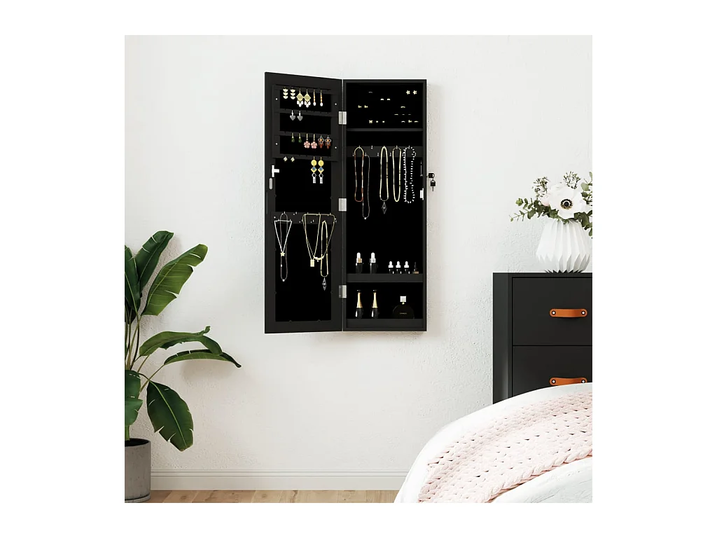 Armoire à bijoux avec miroir murale noir 30x8,5x90 cm