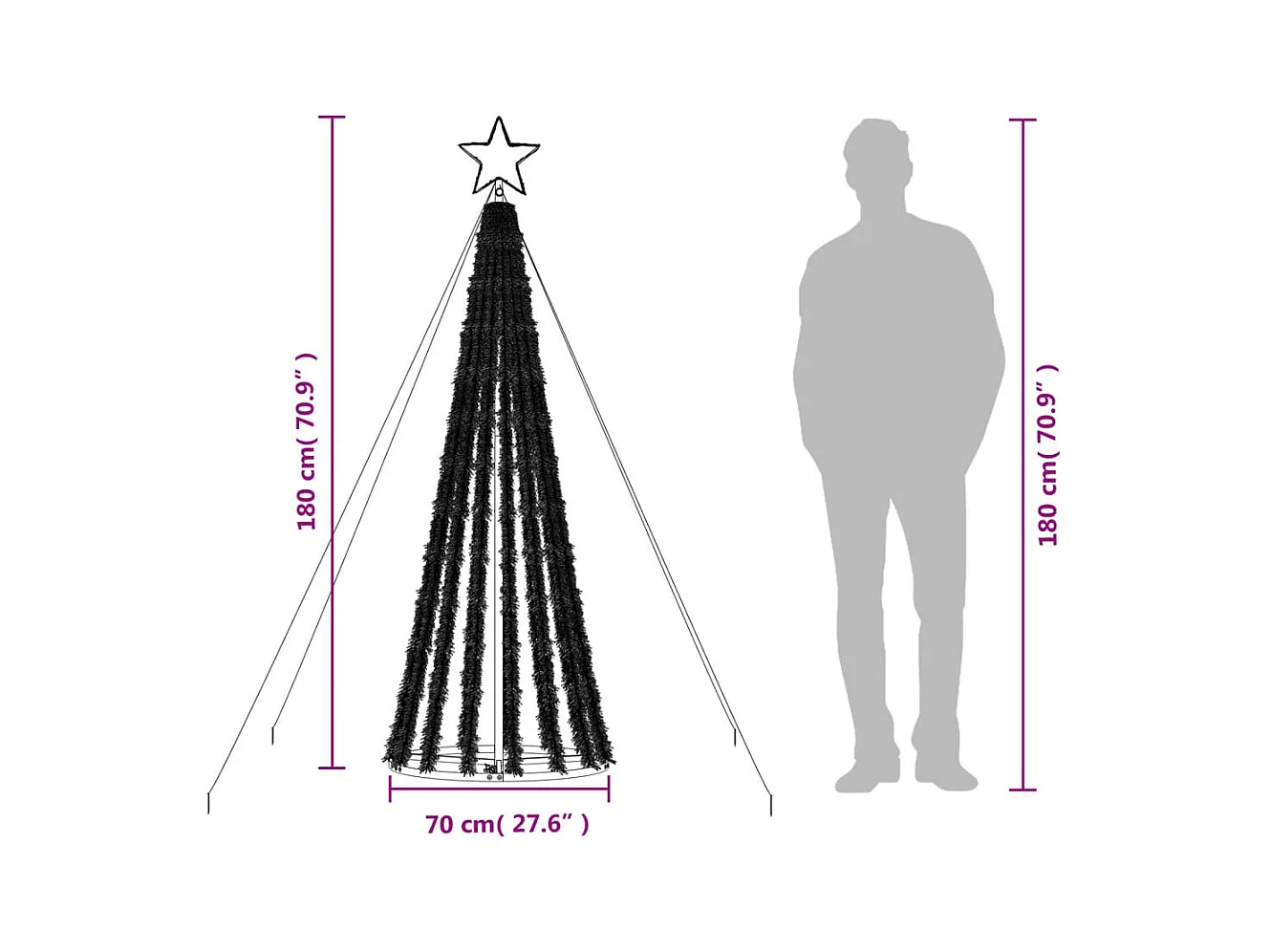 Konischer leuchtender Weihnachtsbaum 275 warmweiße LEDs 180 cm