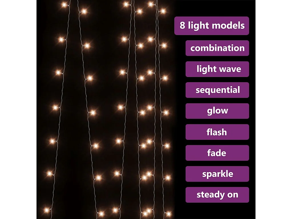 Rideaux lumineux à LED 3x3 m 300 LED Blanc chaud 8 fonctions