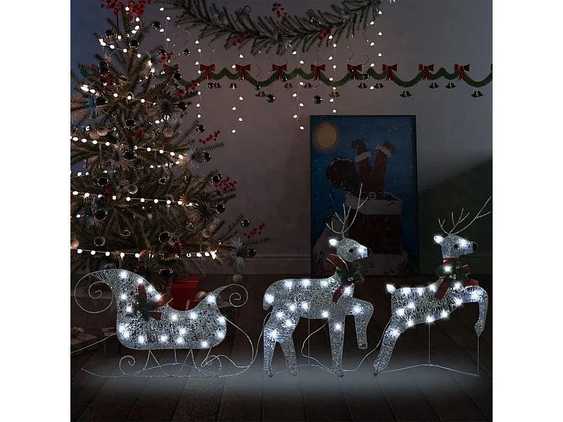 Décoration de Noël Rennes et traîneau 60 LED Extérieur Argenté