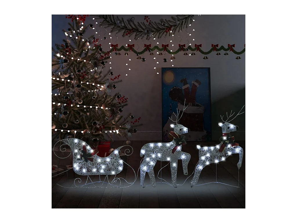 Décoration de Noël Rennes et traîneau 60 LED Extérieur Argenté