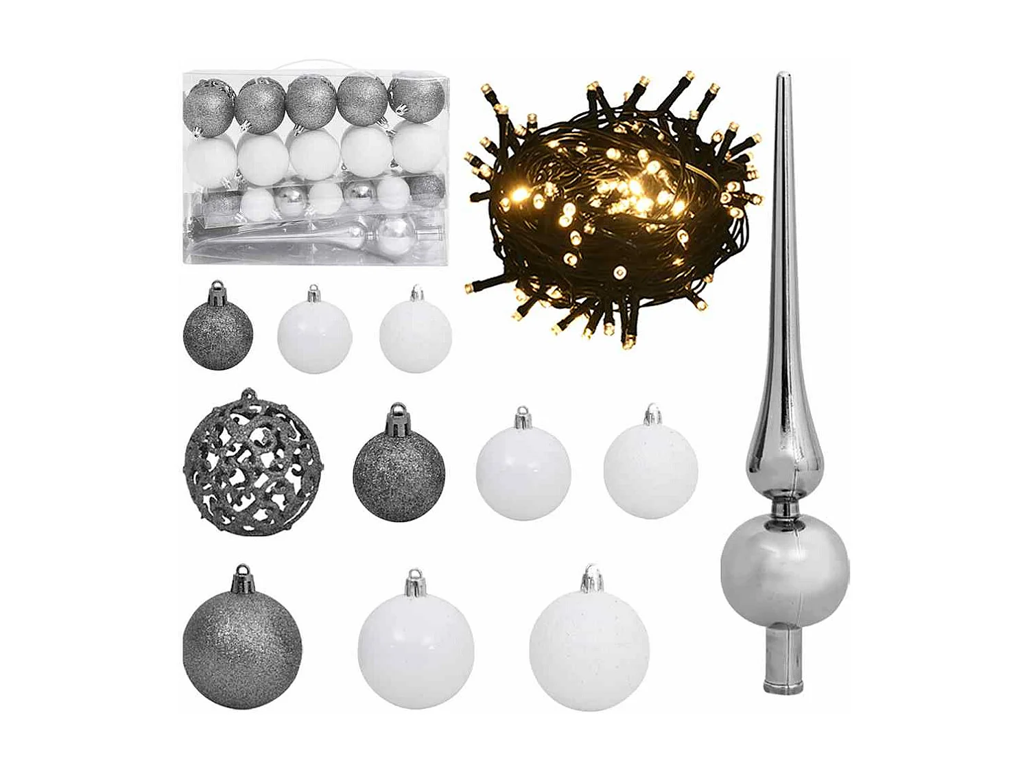 Set palline di Natale con piccone e 150 LED 61 pz. Bianche e grigie