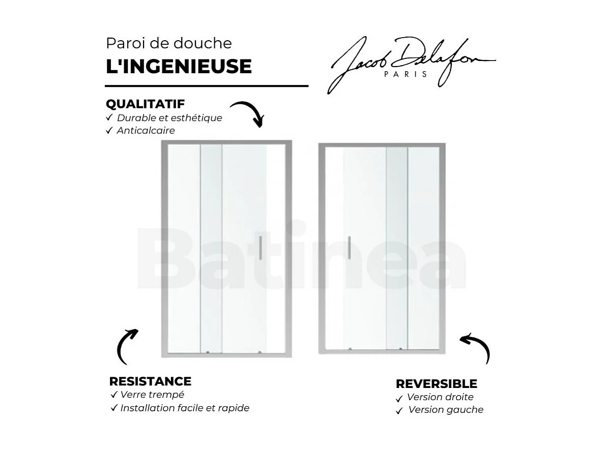 Paroi de douche JACOB DELAFON L'ingénieuse porte coulissante, installation niche 160 x 200