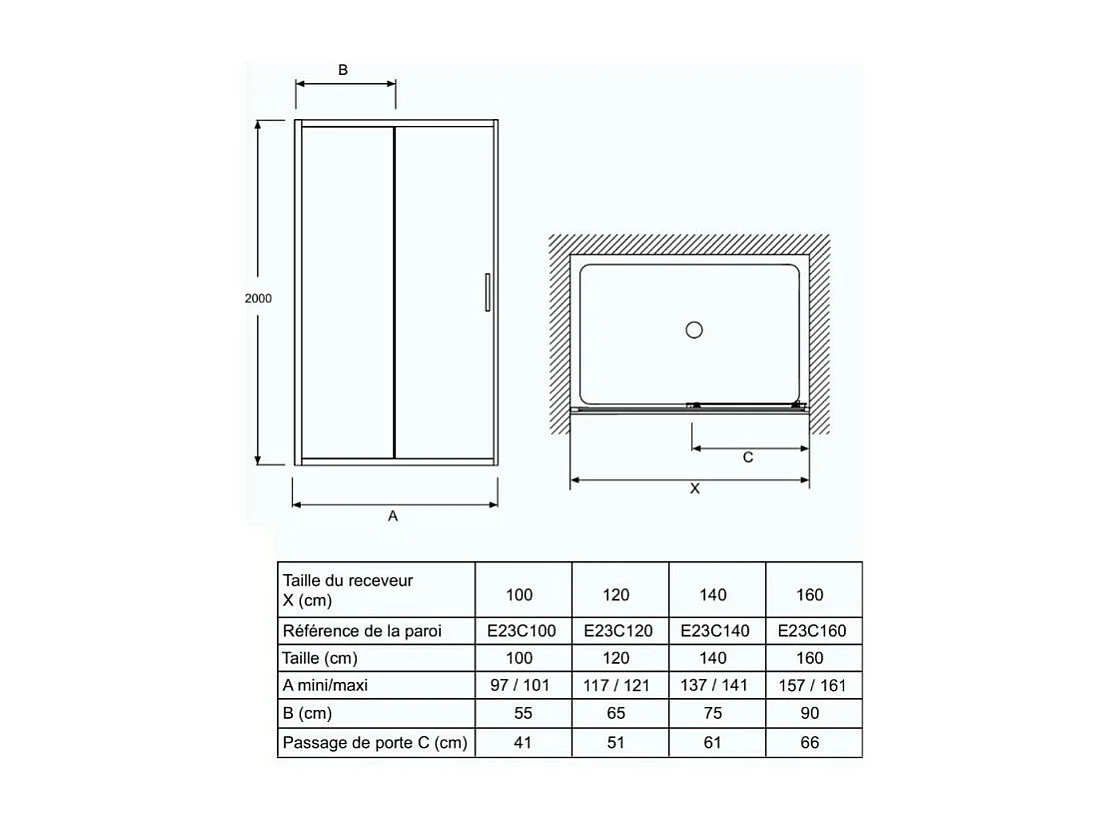 Paroi de douche JACOB DELAFON L'ingénieuse porte coulissante, installation niche 160 x 200