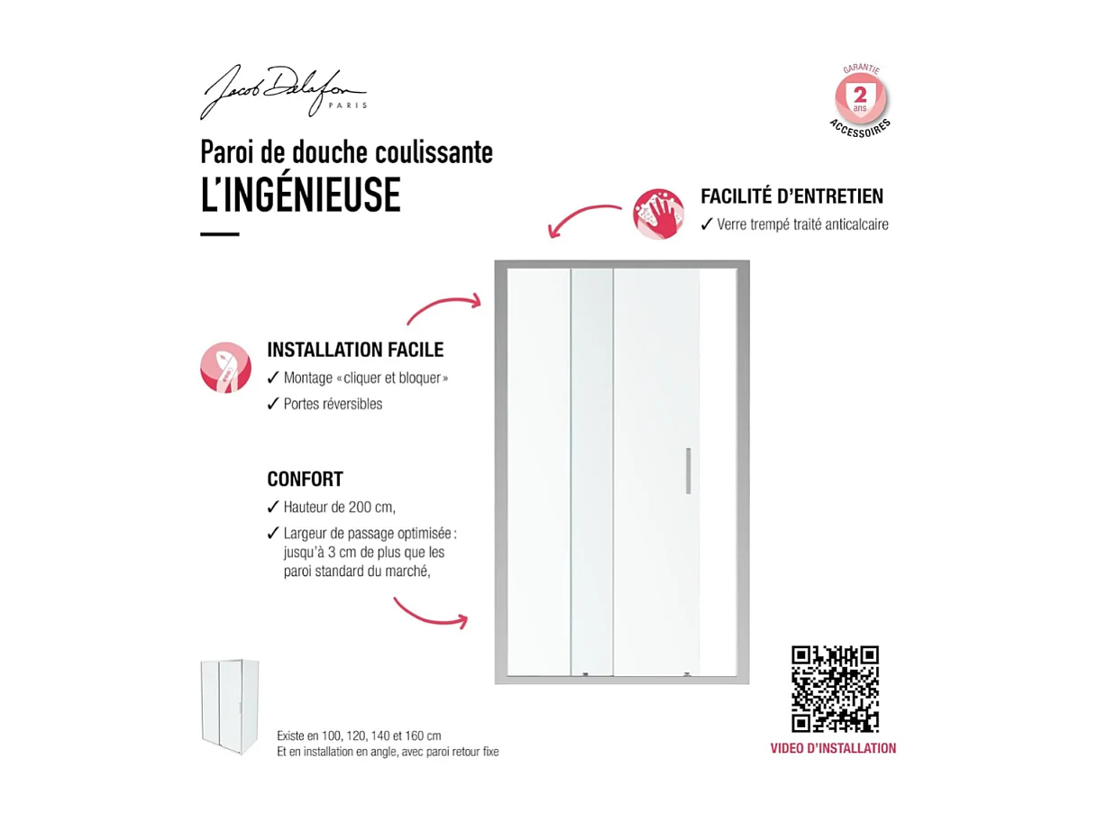 Paroi de douche JACOB DELAFON L'ingénieuse porte coulissante, installation niche 160 x 200