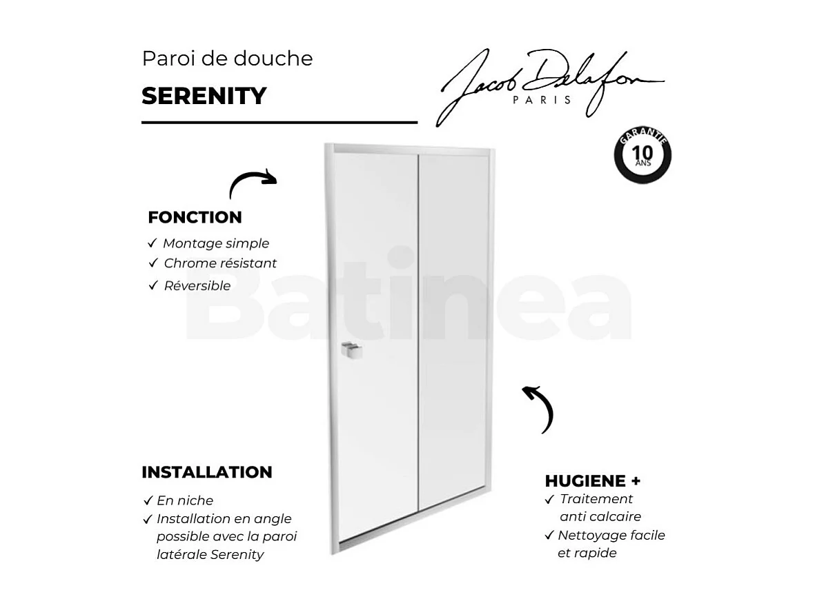 Paroi douche JACOB DELAFON Serenity, 120 cm, porte coulissante réversible instal. Niche