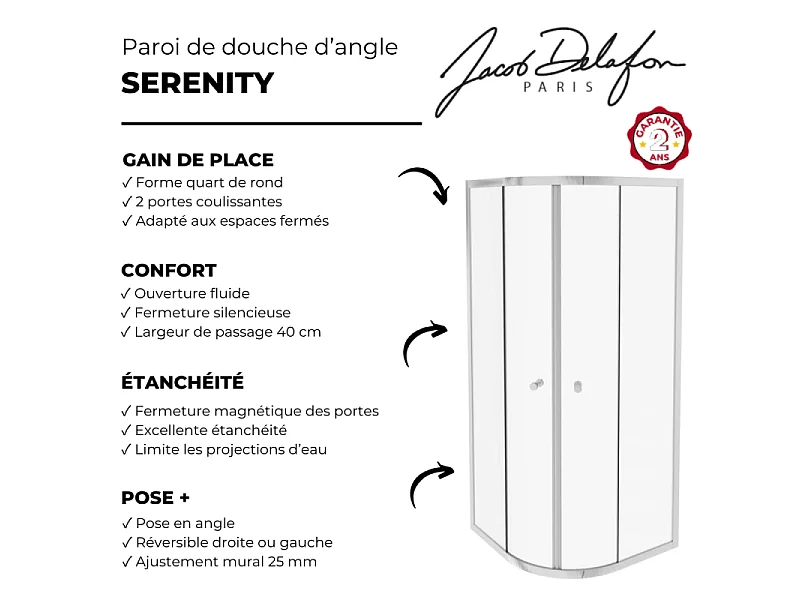 Jacob Delafon Paroi de douche quart de rond coulissant Serenity Chromé 80 cm