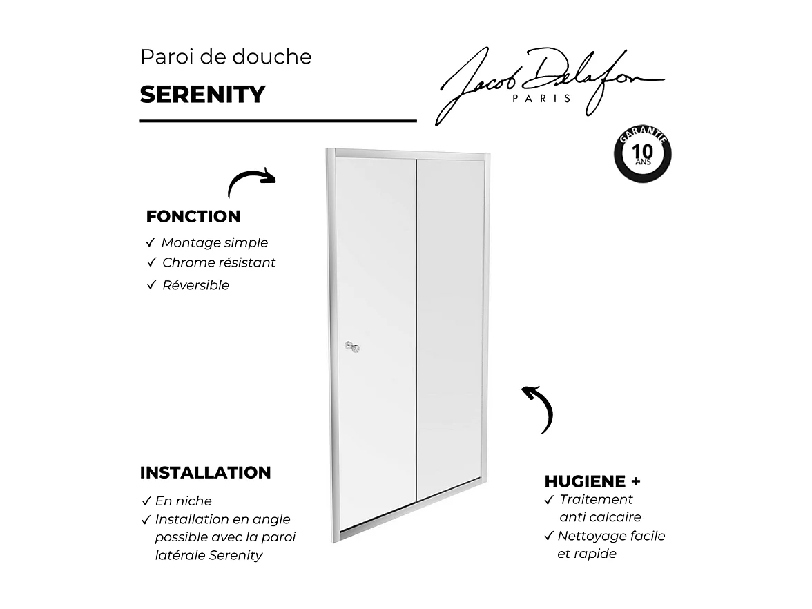 Paroi douche JACOB DELAFON Serenity, 100 cm, porte coulissante réversible instal. Niche