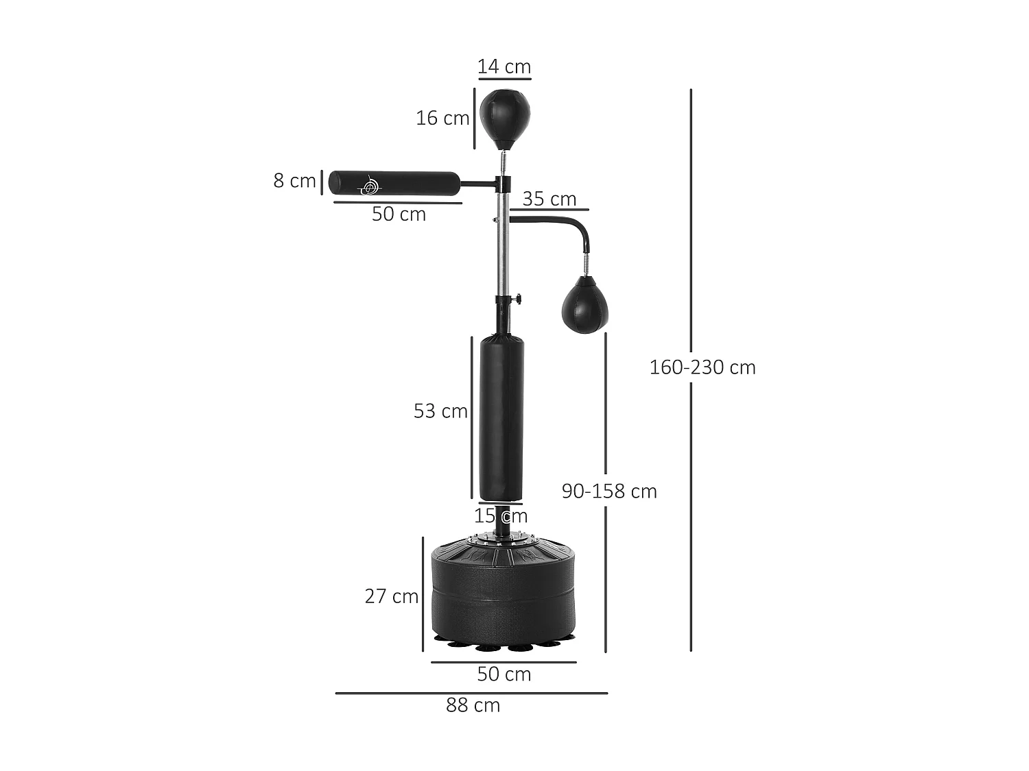 Sac de frappe boxe autoportant punching ball brunier 3 en 1 revêtement synthétique dim. 88L x 50l x 160-230H cm noir