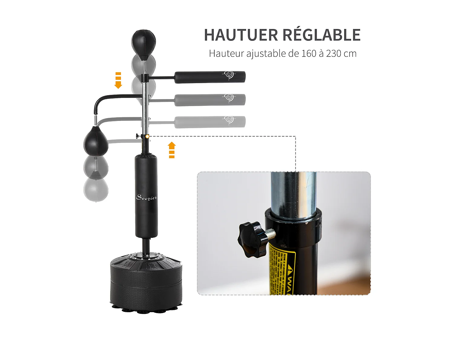 Sac de frappe boxe autoportant punching ball brunier 3 en 1 revêtement synthétique dim. 88L x 50l x 160-230H cm noir